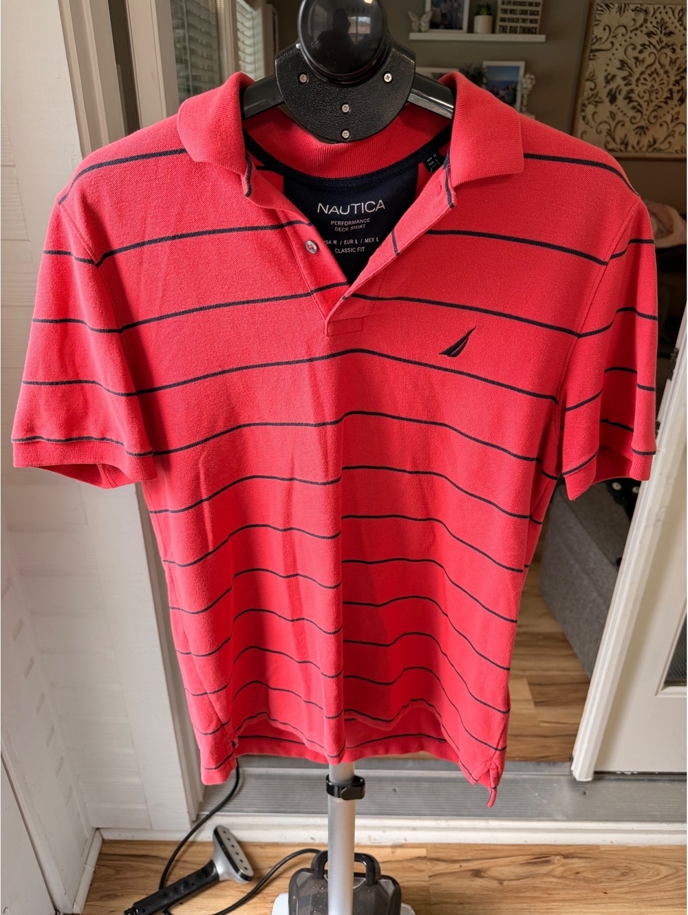 Nautica Men's Performance Deck Shirt Polo M Red with Navy Stripes